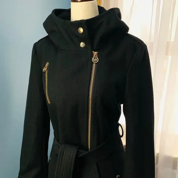 Michael Kors Black Belted Wool Pea Coat Size 6 - Picture 3 of 8